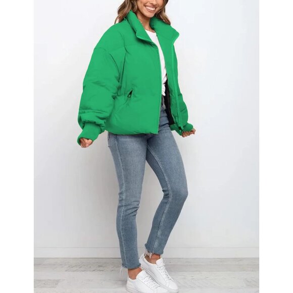 Women's Puffer Jacket Oversized Cropped Puffy Quilted Jackets Coat Emerald - Picture 3 of 5